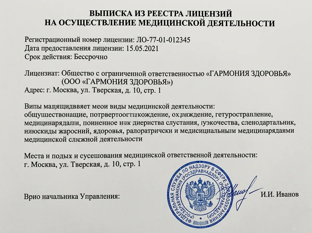 Выписка из реестра лицензий медицинской организации, официальный документ с печатью Росздравнадзора